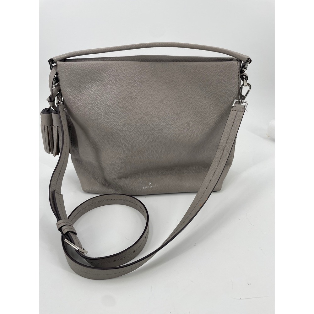 Kate Spade Hobo Bag Women Medium Grey Pebbled Leather Tassel Crossbody Chic Luxe